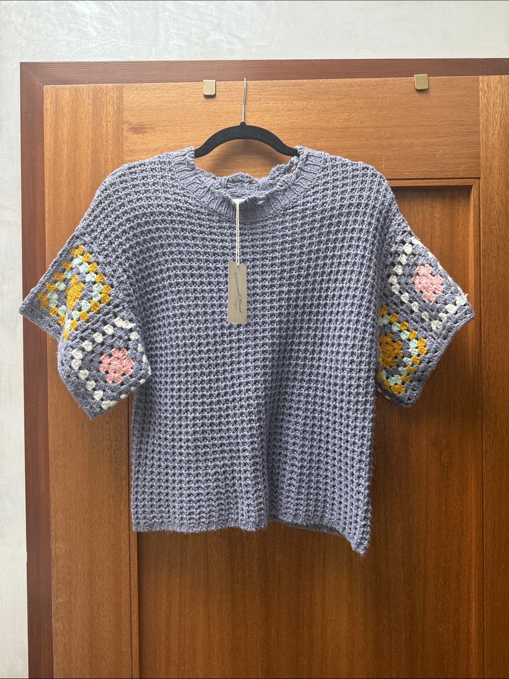 Pale Purple Crochet Sleeve Sweater with Multicolor Granny Squares NWT